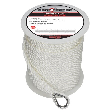 Extreme Max 3006.2297 BoatTector Twisted Nylon Anchor Line With Thimble - 3/8 X 200', White